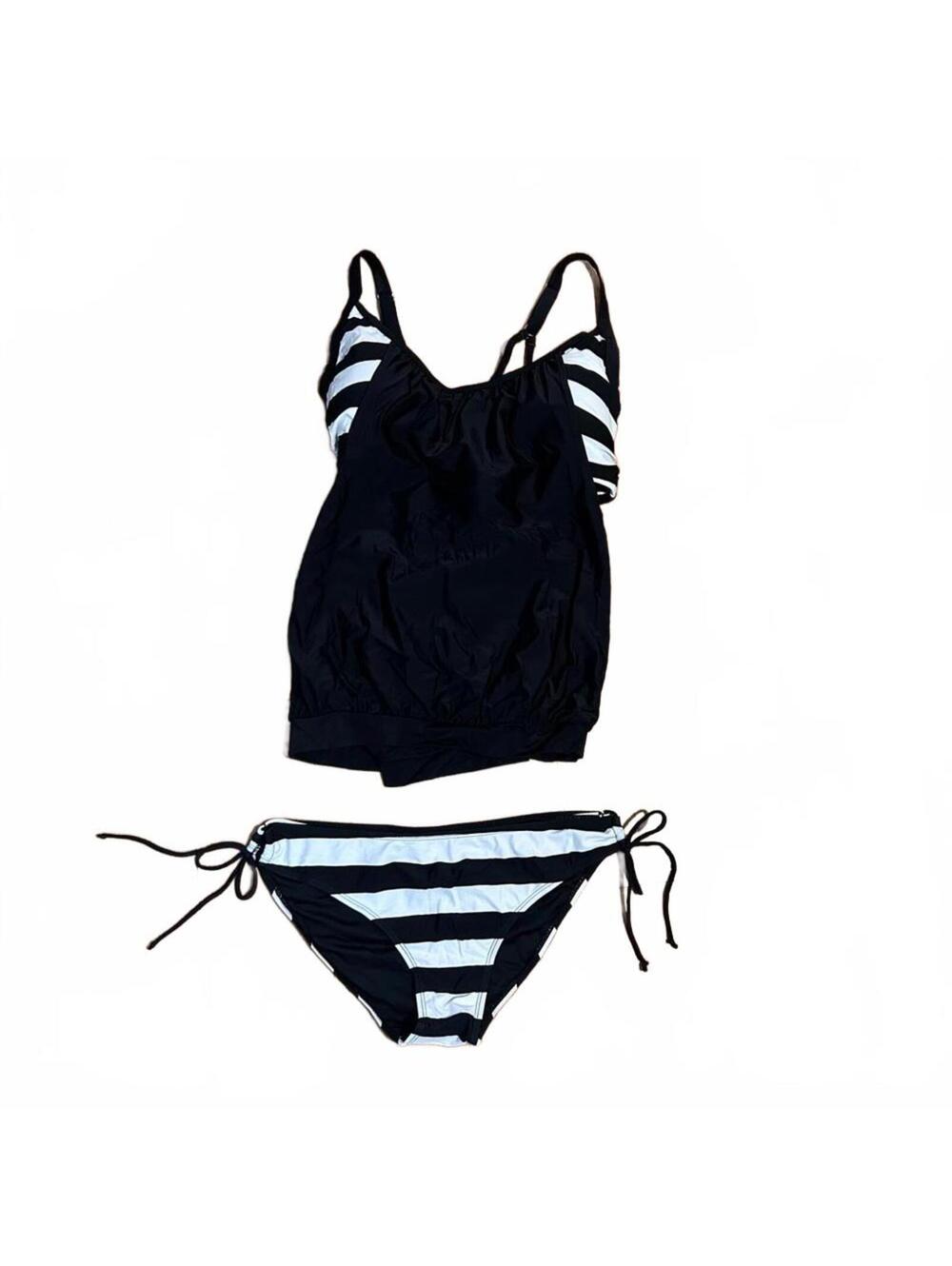 Black & White Bloused Top Tankini w/ String Side Tie Bikini Bottoms | Large NWOT